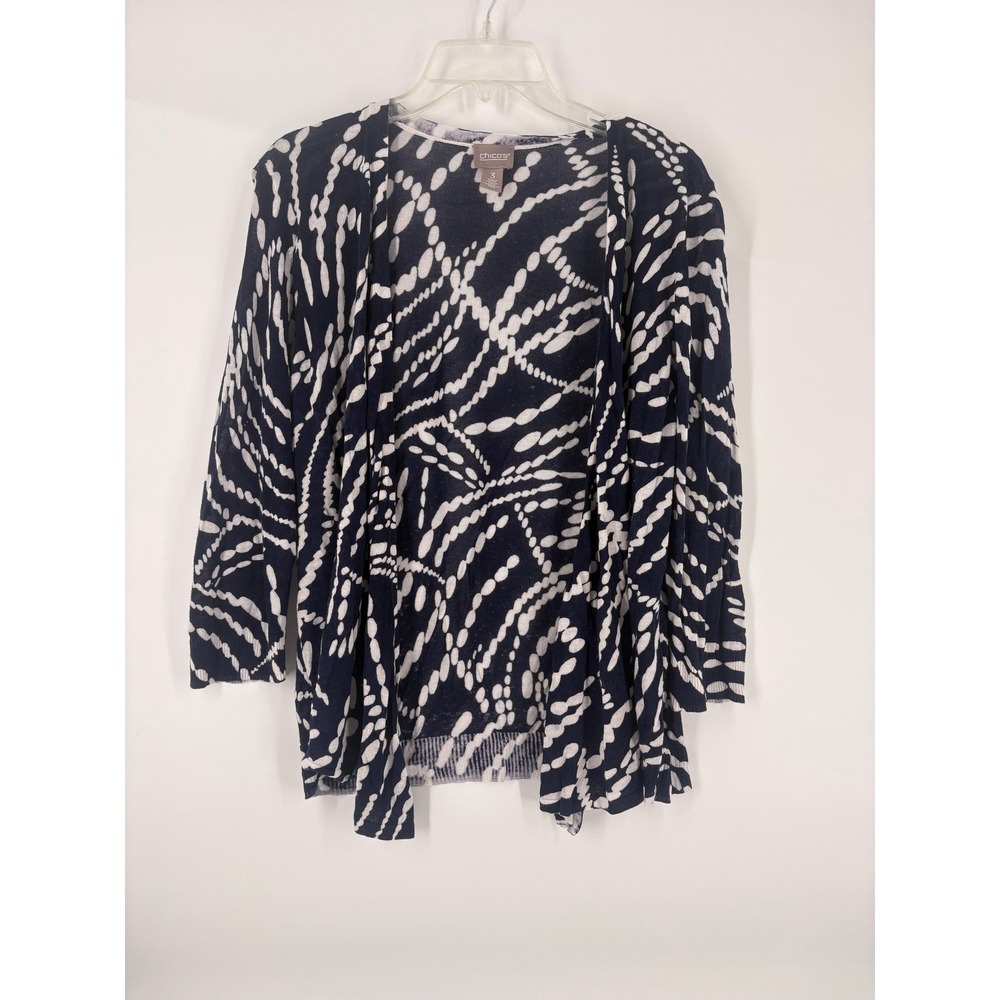 Chicos 3 Black White Abstract Print Knit Long Sleeve Cardigan‎ Sweater Women